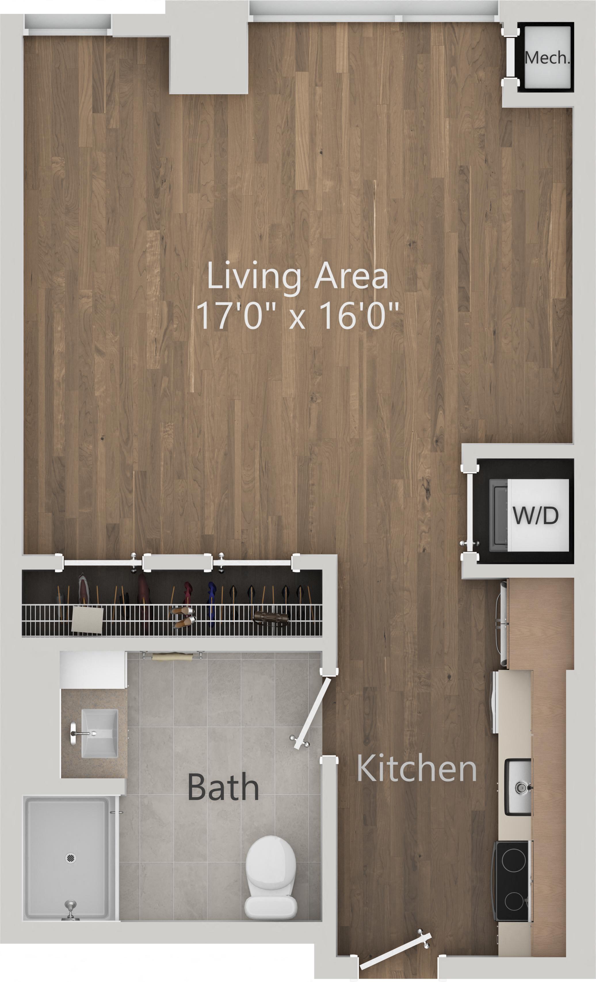 Floor plan for studio, 1 bath, 520 sqft